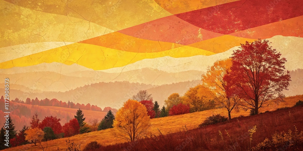 Poster a painting of a mountain range with trees in autumn colors
