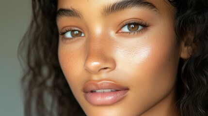 Obraz premium Intimate close-up of a woman's face with natural beauty, highlighting smooth skin and expressive eyes, creating a captivating portrait.
