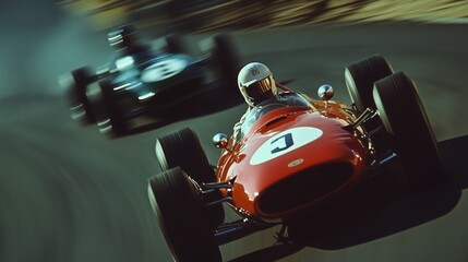 Obraz premium High-speed vintage race cars competing on a curved track, capturing the thrill of classic motor racing in action.