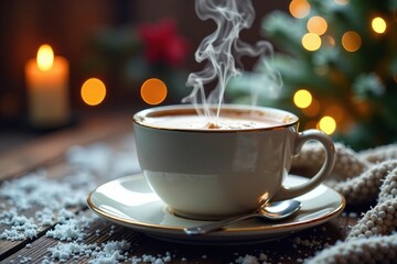 Fototapeta premium A steaming hot cup with festive holiday decorations, winter wonderland, hot chocolate, cozy atmosphere