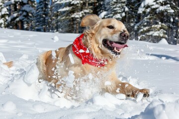 World Snow Day. A joyful golden retriever wearing a red scarf running through the snow on a bright winter day.