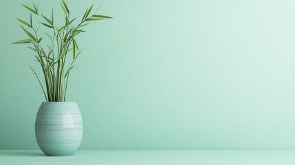 Lucky bamboo plant in a ceramic pot, pastel green background