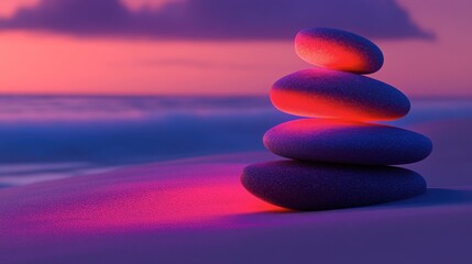 A stack of smooth pebbles glowing in vibrant hues, set on a quiet beach with a calming ocean breeze.