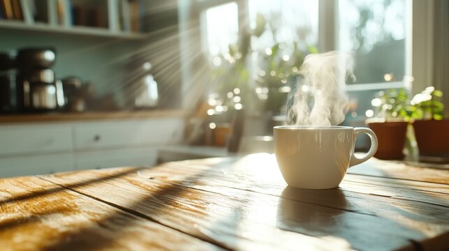 Fototapeta A white mug emits steam while sitting on a wooden table in a sunlit kitchen, surrounded by warmth and natural light, creating a cozy, inviting atmosphere.