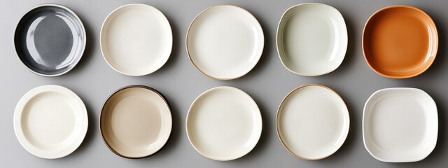 Showcase of various plate shapes and styles with round, square, and bowl designs for diverse dining presentations
