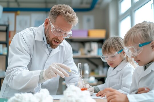 Elementary School Teacher Day. Enthusiastic teacher leading a hands-on science experiment with young students.