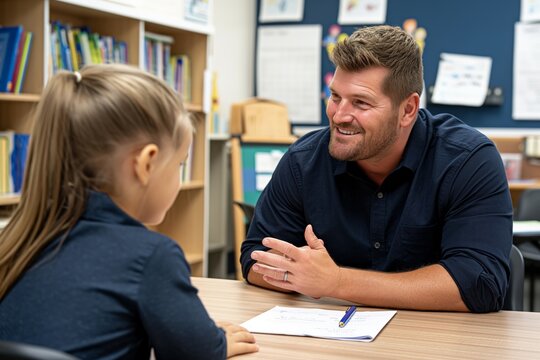Elementary School Teacher Day. A dedicated teacher guiding diverse young students through a hands-on science experiment in a modern classroom.