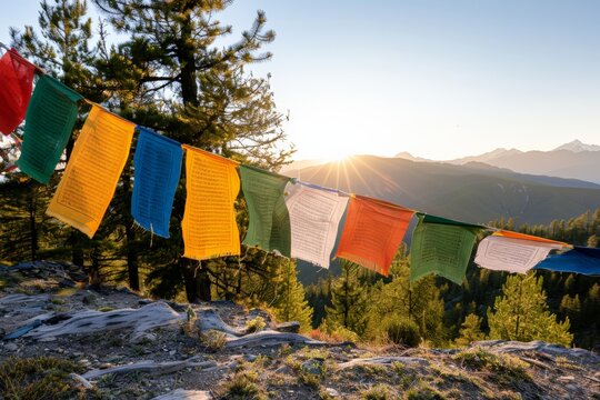 World Religion Day.Colorful Tibetan prayer flags fluttering in the mountain breeze at sunrise, surrounded by pine trees.