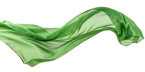 Flying green silk fabric isolated on transparent background.
