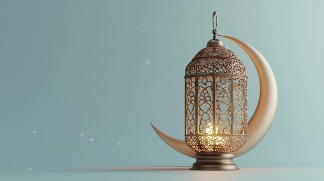 Moon and golden lantern Ramadan concept copy space greeting. Eid Al Fitr.