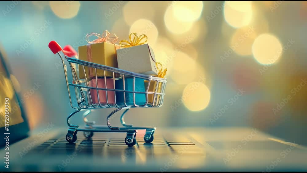 Poster miniature shopping cart filled with colorful gift boxes resting on a laptop keyboard, illustrating o