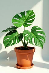 Obraz premium Dark green Monstera leaves with white veins cast intricate shadows on the terracotta pot, plant, leafveins