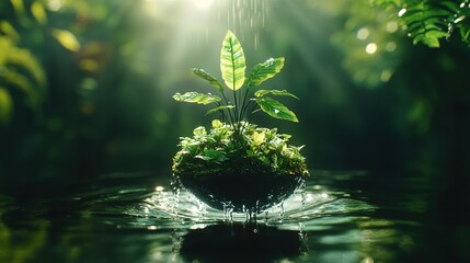 Naklejka premium Lush green plant sprouting from a sphere floating on water, sunlight shining through leaves.