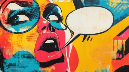 A vibrant Pop Art-inspired collage featuring comic book elements and speech bubbles