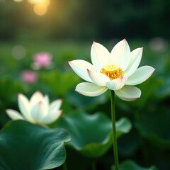 Delicate petals of white lotus flowers in soft focus, lily, garden