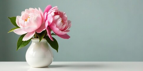 Delicate peony flowers in a white ceramic vase, blooms, ceramic
