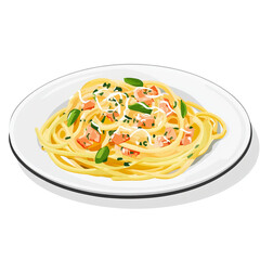 pasta carbonara on a plate front facing white background
