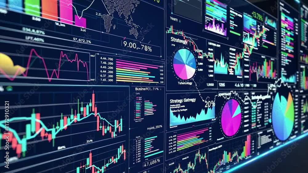 Poster visualizing stock market data with dynamic charts and analytics in a modern trading environment