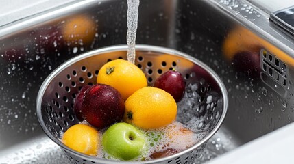 Fresh fruits being washed in a colander under running water in a kitchen sink.