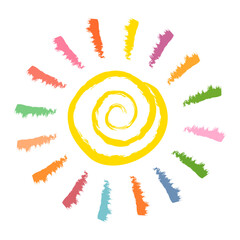 Sun stylized as a child's drawing. Doodles in childish girly style. Bright sun with rays