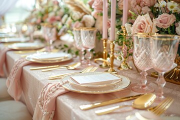 A table set for a formal dinner with a centerpiece of flowers and candles. MZ