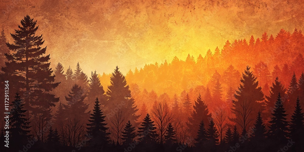 Poster A painting of a forest with trees in the foreground and background