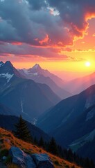 Obraz premium Golden hues fade into blue as mountains meet the sky, sunset, landscape