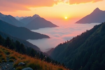 Obraz premium Morning mist clings to mountainsides as sun rises above the horizon, landscape photography, morning fog