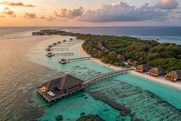 pool at night, breathtaking aerial view captures stunning expanse of Maldives island, showcasing...