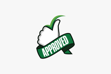 Thumb logo design, check icon symbol with ribbon that says approved
