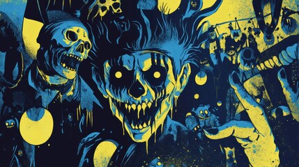 Eerie ghostly figures with exaggerated features and glowing eyes dominate the dark setting filled with skulls and ominous shapes, capturing the essence of a Halloween festivity