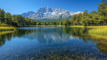Fototapeta premium tranquil lake reflecting surrounding mountains and trees