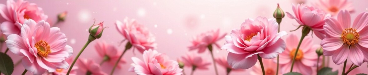 Obraz premium Delicate pink rose stems intertwine with gerbera flowers amidst an ethereal abstract backdrop, background, flowers, pink