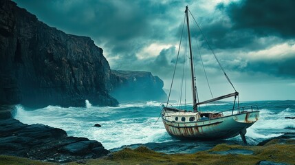 A weathered sailing boat rests on a rocky shore, partially beached as turbulent waves crash against the cliffs under a moody, overcast sky. Dark clouds gather, hinting at a storm