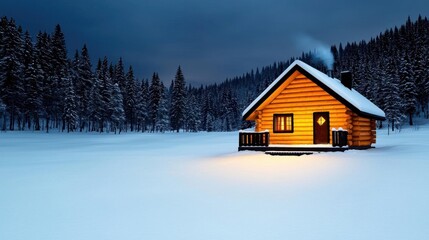 A photostock of a snowy log cabin nestled in a dense forest, with smoke rising from the chimney under a soft winter sunset, evoking coziness and solitude. High Quality
