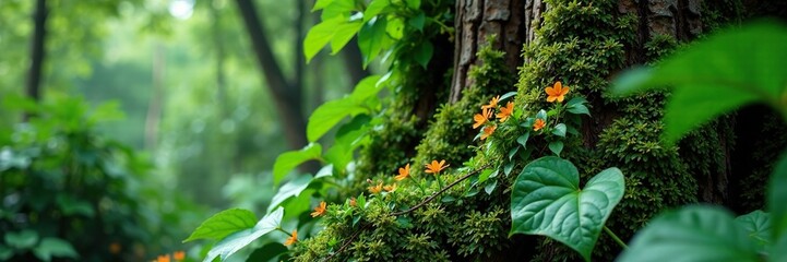 Fototapeta premium Dense foliage with vines and epiphytes on a tree trunk, overgrown, flowers, leafy greens