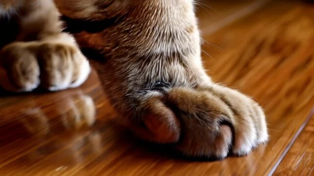 A close-up of a cat's paws softly padding across a wooden surface.
