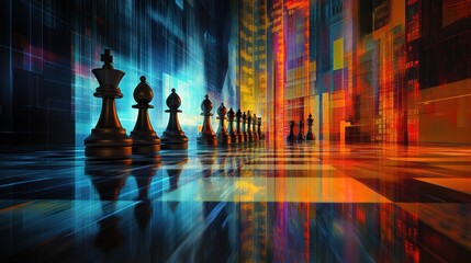Vibrant colors intertwine chess pieces with stock market data illustrating strategic thinking within a fluctuating financial world