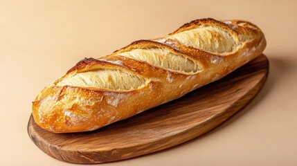 Freshly baked classic French baguette on a wooden board, soft beige background