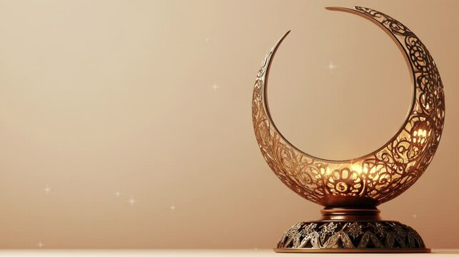 Moon and golden lantern Ramadan concept copy space greeting. Eid Al Fitr.