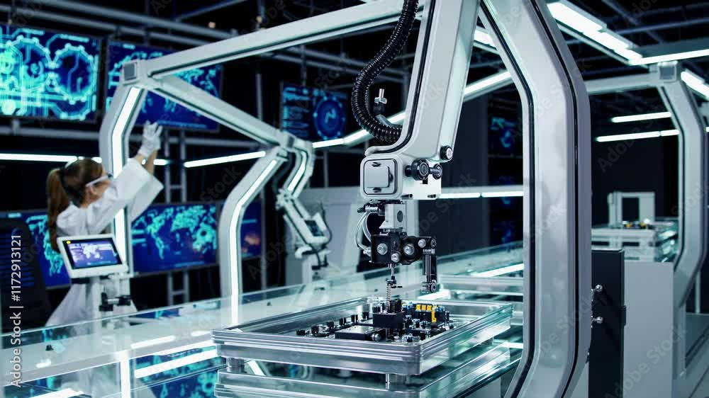 Poster advanced robotics in a high-tech manufacturing facility with automation and precision assembly