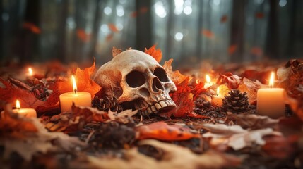 A skull lies in a forest bed surrounded by fallen leaves and illuminated by surrounding candles, creating an ethereal, mystical setting suggestive of rituals.