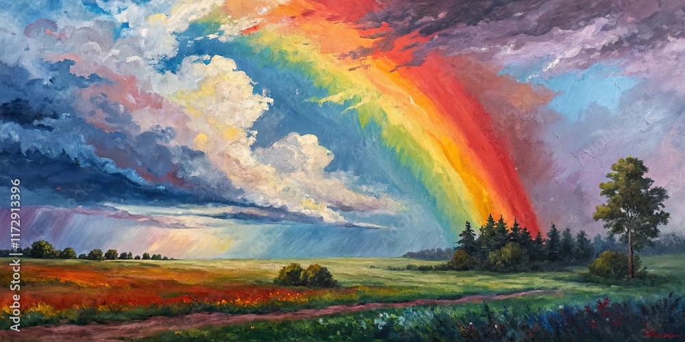 Aufkleber a painting of a rainbow in the sky with a storm in the background