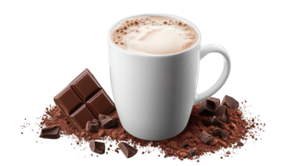 hot chocolate in white ceramic mug isolated on white transparent background