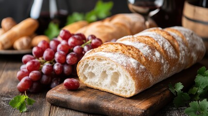 A freshly baked baguette sits on a wooden board, surrounded by red grapes and a glass of red wine, creating a rustic and inviting atmosphere for dining.