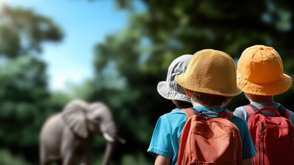 Three children wearing colorful hats and carrying backpacks watch an elephant in the distance, set in an outdoor environment full of greenery and life.