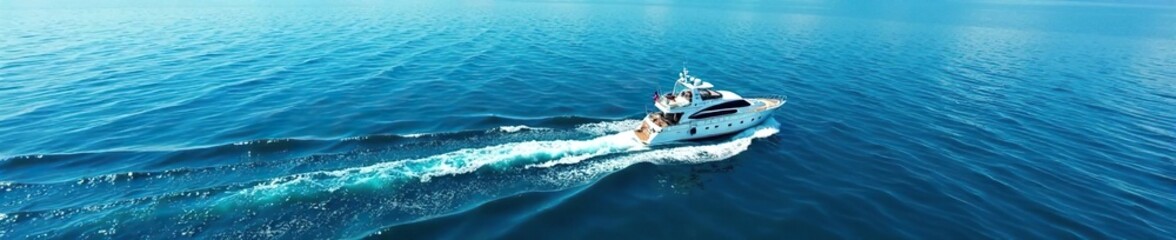 Fototapeta premium Small white yacht cuts through the calm surface of the vast blue sea, water, blue