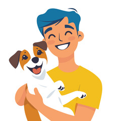 Happy child with blue hair and dog wearing yellow shirt.