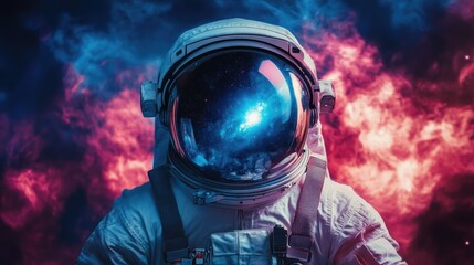 Front view astronaut potrait. Astronaut in space suit with galaxy and nebula reflection in helmet glass. Deep space exploration