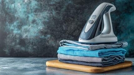 A handheld steamer on a stack of neatly folded clothes against a textured background.